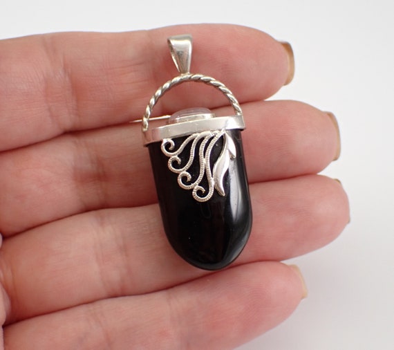 Vintage Onyx Slide Pendant, Unique Sterling Silver Charm, Estate Jewelry Gift for Women