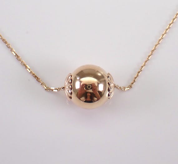 14K Yellow Gold Pendant Necklace - Beaded Sphere Rondelle Charm Slide - Vintage Estate Drop Choker Chain