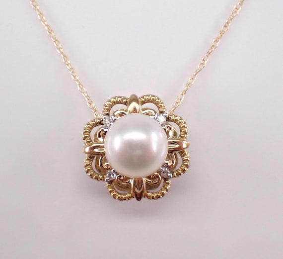 Pearl and Diamond Pendant and Chain - Yellow Gold Dainty Flower Charm Necklace - June Birthstone Fine Jewelry Gift