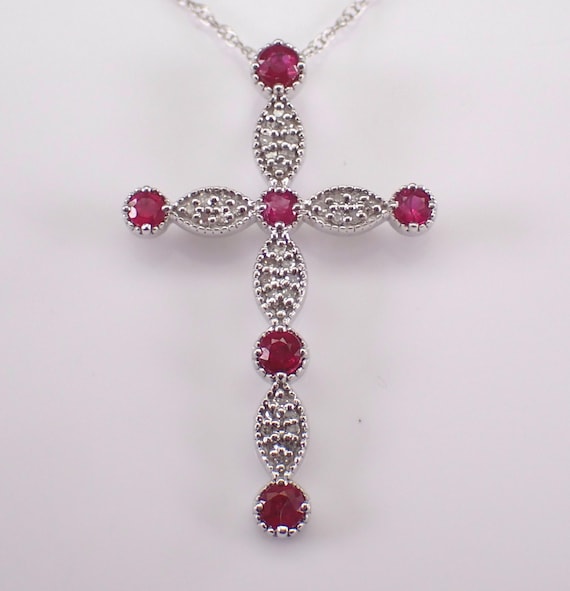Ruby and Diamond Cross Necklace - White Gold Religious Charm Pendant - Unique Gemstone Fine Jewelry Gift