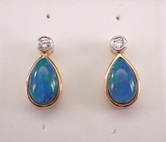 14K Yellow Gold Opal and Diamond Stud Earrings, Dainty Estate Vintage Teardrop Setting