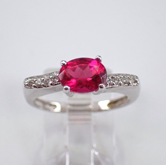 Rubellite and Diamond Ring - 14k White Gold Engagement Setting -  Unique Red Tourmaline Bridal Fine Jewelry Gift