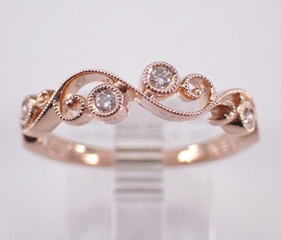 14K Rose Gold Diamond Wedding Ring - Unique Stackable Anniversary Band