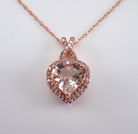Morganite and Diamond Heart Pendant and Chain - Solid Rose Gold Halo Necklace - Genuine Pink Gemstone Jewelry
