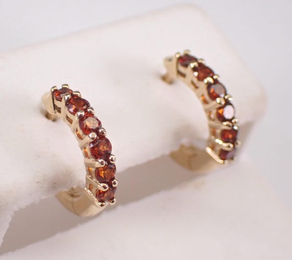 Yellow Gold Garnet Hoop Earrings: Dainty Little Mini Gemstone Huggies