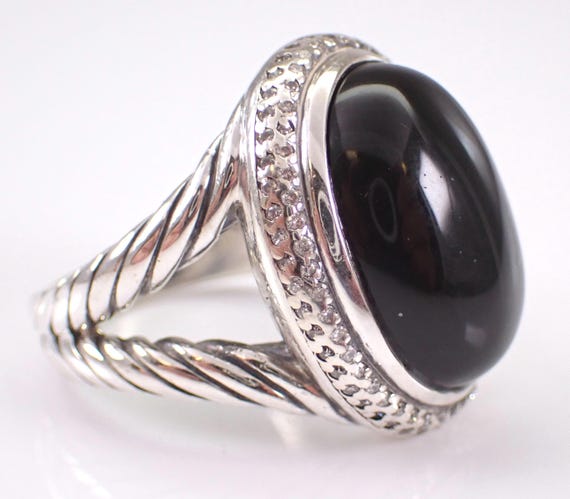 Authentic David Yurman Onyx and Diamond Ring - Sterling Silver Chunky Braided Band, Vintage Designer Fine Jewelry Gift