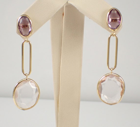 14K Yellow Gold Amethyst and Rose Quartz Earrings, Bezel Set Large Gemstone Dangle Earrings, Fine Jewelry Gift