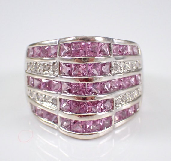 Pink Sapphire and Diamond Ring - Large 14k White … - image 5