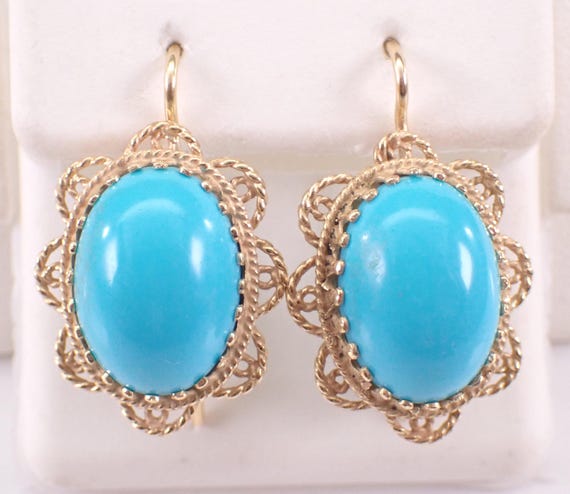Vintage 14K Yellow Gold Turquoise Earrings: Estate Filigree Kidney Wire Dangle Setting
