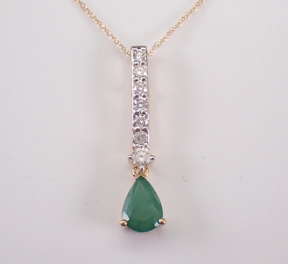 14K Yellow Gold Emerald and Diamond Necklace: Teardrop Dangle Charm Pendant and Chain
