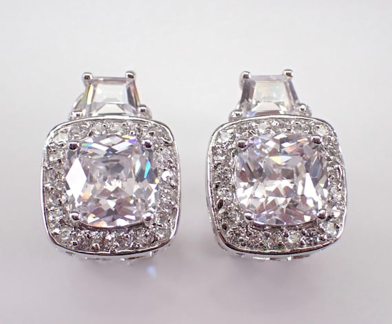 Vintage Sterling Silver Cubic Zirconia Earrings, Unique Estate CZ Omega Clip Ons