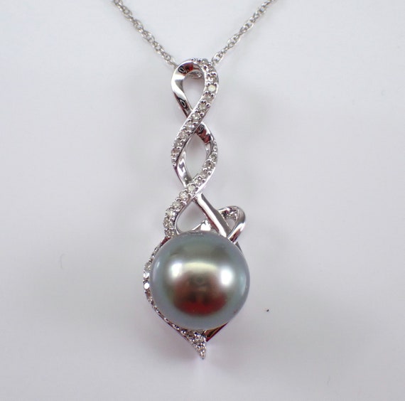 Black Tahitian Pearl and Diamond Necklace - 14K White Gold Dangle Drop Charm Pendant - Bridal June Birthstone Jewelry Gift