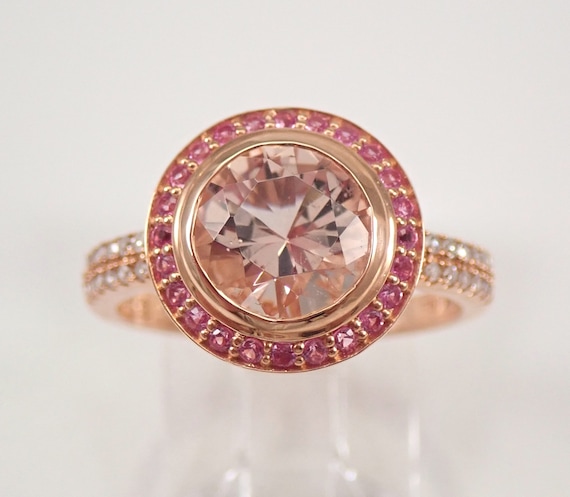 14K Rose Gold Morganite and Pink Sapphire Ring: Unique Diamond Halo Setting, Pink Gemstone Bridal Jewelry Gift