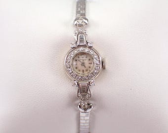 Antique 14K White Gold Diamond Longines Watch - Dainty Little Art Deco Jewelry Gift - Stainless Bracelet Strap