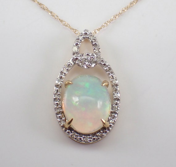 Opal and Diamond Pendant Necklace - Solid Yellow Gold Choker with 18 inch Chain - October Gemstone Jewelry Gift