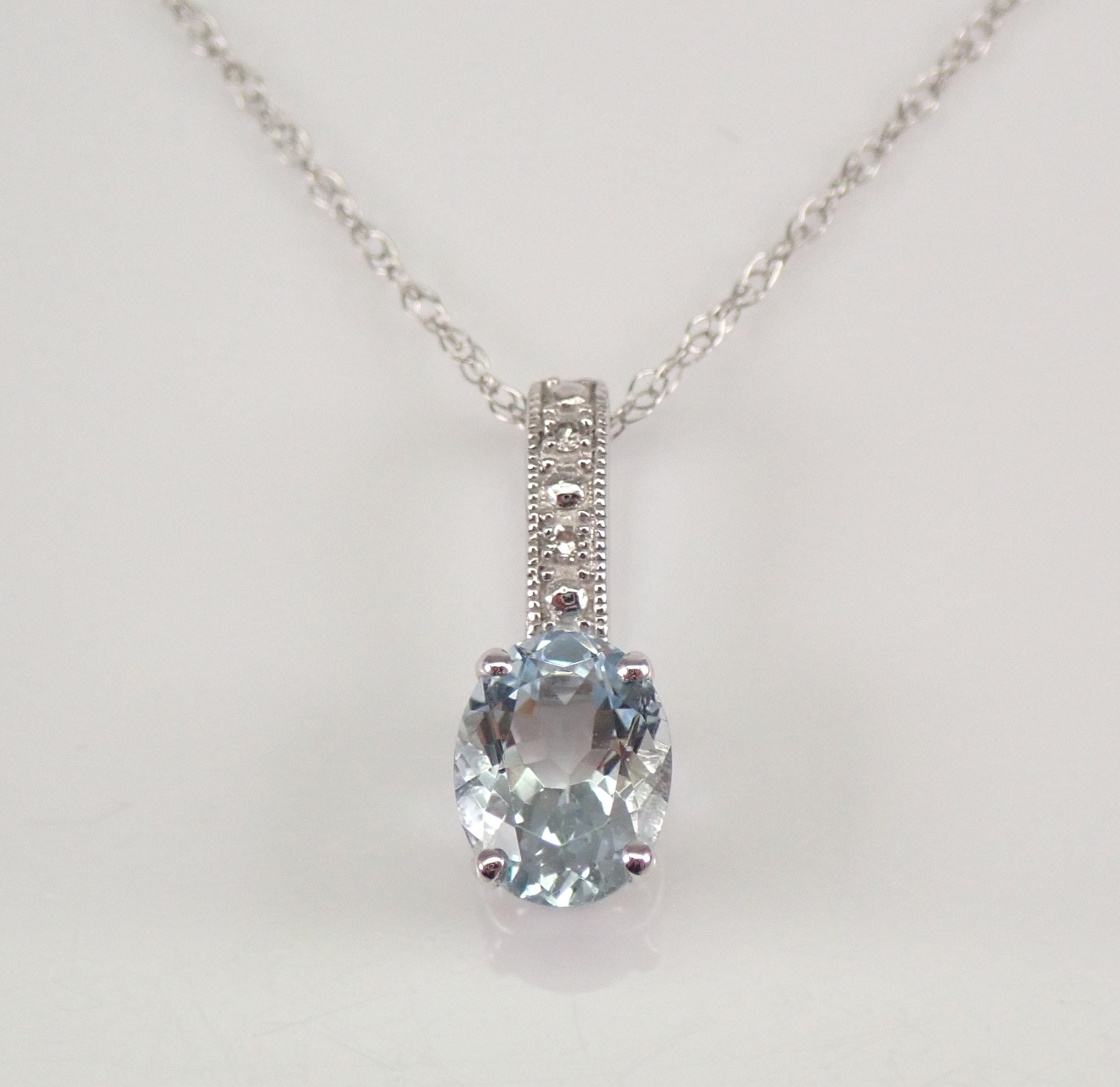 Aquamarine And Diamond Drop Pendant Necklace White Gold 18 Chain March Birthstone