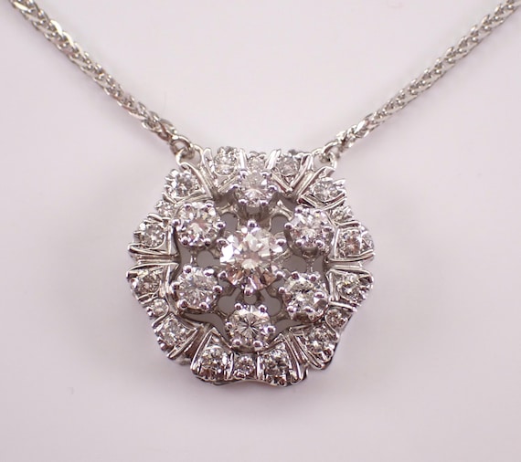 Antique 14K White Gold Diamond Necklace: Vintage Cluster Station Charm Pendant and Chain