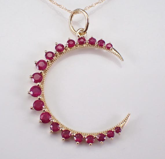 Yellow Gold Large Ruby Necklace - Crescent Moon Pendant and Chain - Unique Charm Dangle Slide