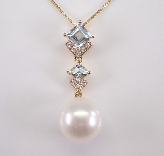 14K Yellow Gold Pearl and Aquamarine Pendant - Diamond and Gemstone Charm Necklace and Chain - June and March Birthstone Jewelry Gift