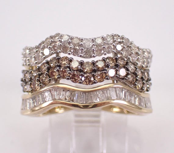 Yellow Gold Baguette Diamond Wedding Ring, Brown Cognac Fancy Anniversary Band, Multi Row Wave Fine Jewelry Gift