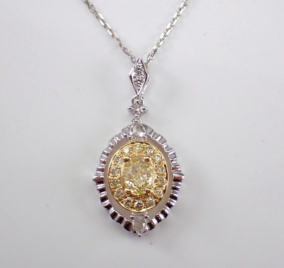 Yellow Canary Diamond Pendant - 14K White Gold Station Necklace - Fancy Halo Charm Choker Chain