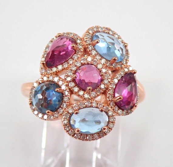 Genuine Multi Color Gemstone Ring - Diamond Halo Cluster Setting - Solid Rose Gold Fine Jewelry - Blue Topaz and Rhodolite Garnet