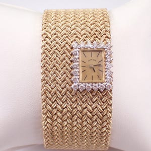14K Yellow Gold Heirloom Diamond Watch - Antique Estate Large Wristwatch - Vintage Wide Mesh Bracelet Band