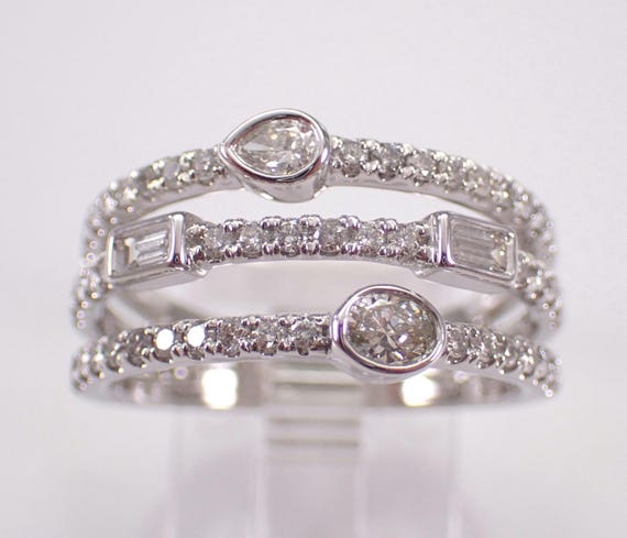 14K White Gold Multi Row Diamond Ring, Unique Wedding Anniversary Band, Triple Stackable Bridal Jewelry Gift