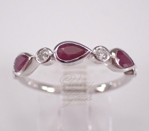 14K White Gold Ruby Wedding Ring - Diamond and Gemstone Bezel Set Band - Anniversary Birthstone Jewelry Gift