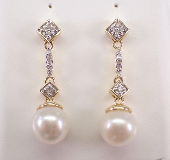 Pearl and Diamond Dangle Earrings - Yellow Gold Anniversary Wedding Gift - June Birthstone Gemstone Jewelry