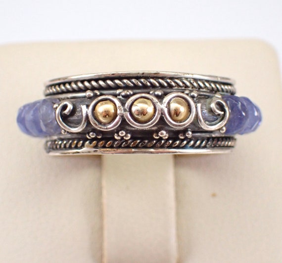 Vintage Sterling Silver and 18k Gold Ring - Tanzanite Beaded Stackable Band - Oxidized Patina Wedding Anniversary Jewelry