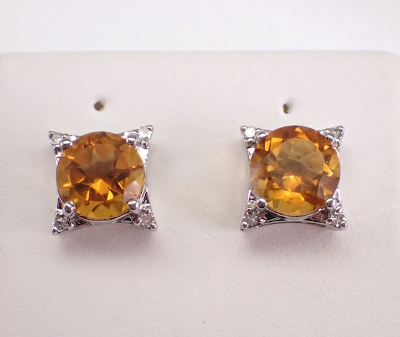 Citrine and Diamond Stud Earrings - White Gold Dainty Gemstone Studs - November Birthstone Jewelry Gift