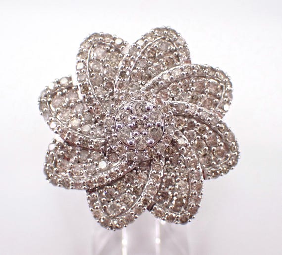 White Gold Diamond Cluster Ring - Unique Flower Cocktail Band - Large Anniversary Fine Jewelry Gift