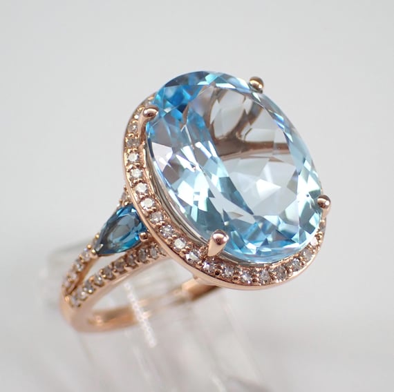 Rose Gold Blue Topaz Engagement Ring, Gemstone and Diamond Halo Setting