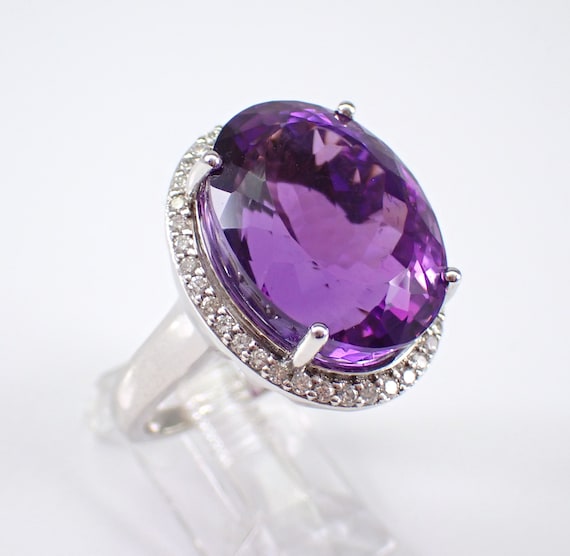 14K White Gold Amethyst and Diamond Ring: Large Gemstone Birthstone Halo Setting