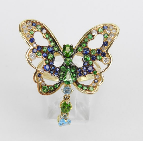 Tsavorite Garnet Sapphire Diamond Blue Topaz Butterfly Ring 14K Yellow Gold Size 7 ONE OF A KIND LQGR20