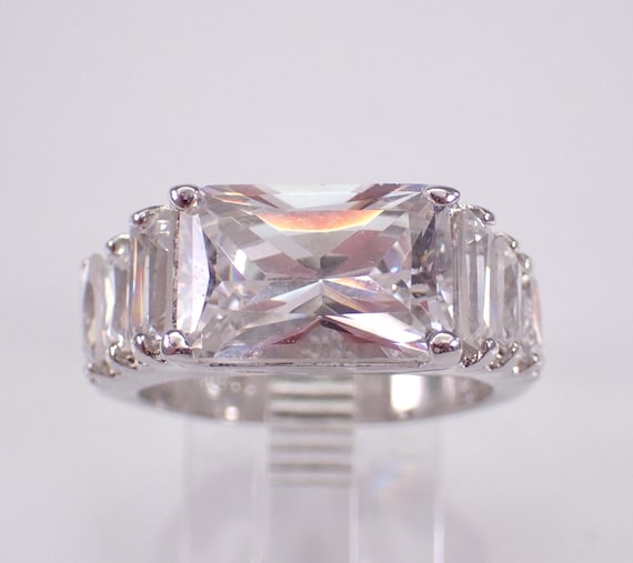 Sterling Silver Cubic Zirconia Engagement Ring, Radiant Cut Promise CZ Band - Vintage Estate Bridal Jewelry Gift