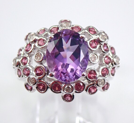 Large Amethyst and Garnet Ring - 14K White Gold Diamond Dome Ring - Bezel Set Cluster Cocktail Band