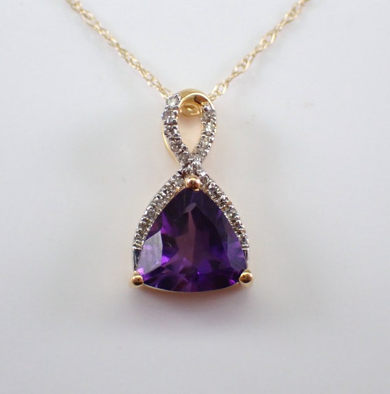 Trillion Amethyst and Diamond Necklace - Yellow Gold Gemstone Pendant and Chain - February Birthstone Jewelry Gift for Her