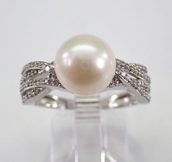 Pearl and Diamond Engagement Ring - White Gold Bridal Promise Setting - June Birthstone Fine Jewelry Gift