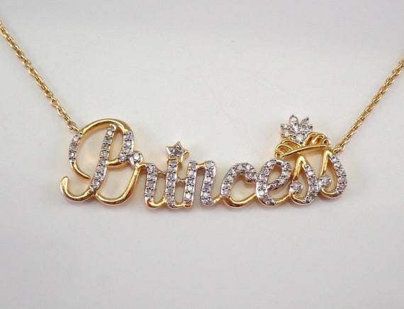 Genuine Diamond Princess Necklace - Solid 14K Yellow Gold Station Name Pendant - Unique Birthday Gift for Daughter