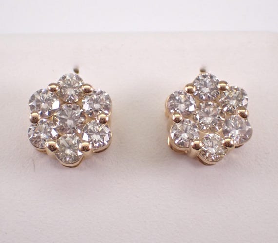 14K Yellow Gold Diamond Stud Earrings: Screwback Cluster Studs