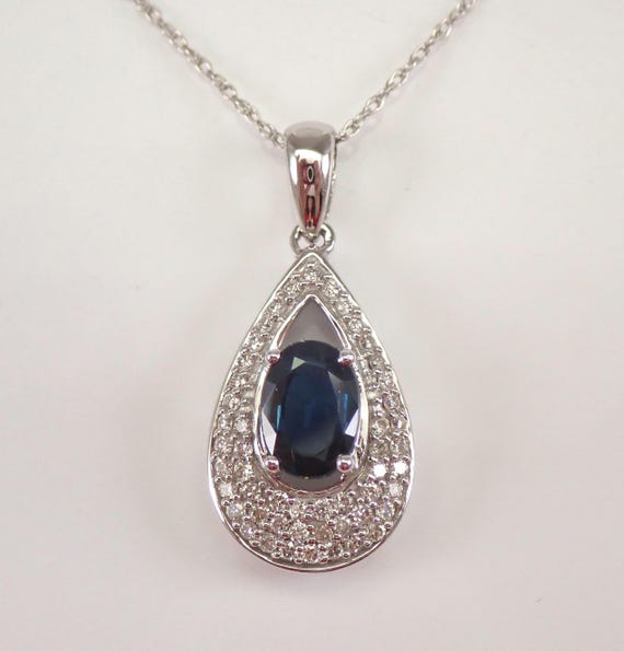 Sapphire and Diamond Teardrop Pendant, White Gold Gemstone Choker Necklace, September Birthstone Jewelry Gift