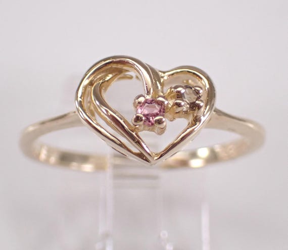 Vintage Pink Tourmaline and Topaz Heart Ring: Dainty Midi 14K Yellow Gold Pinky Band