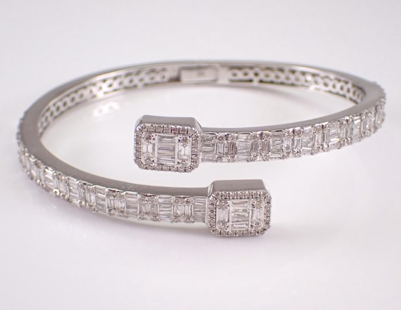14K White Gold Diamond Bangle Bracelet: Baguette Cluster Bypass Statement Cuff