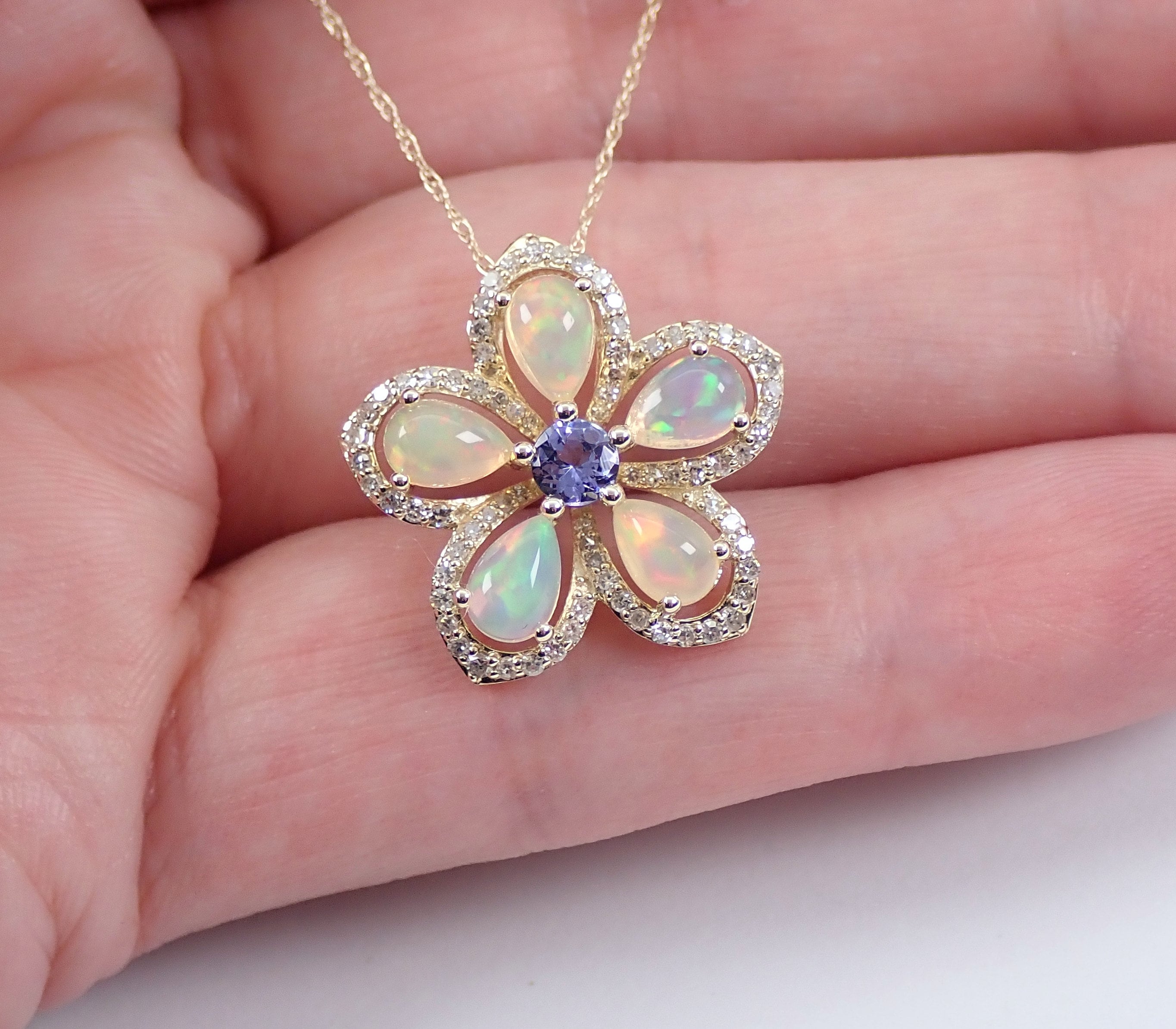 Opal Tanzanite And Diamond Flower Cluster Pendant Necklace Yellow Gold