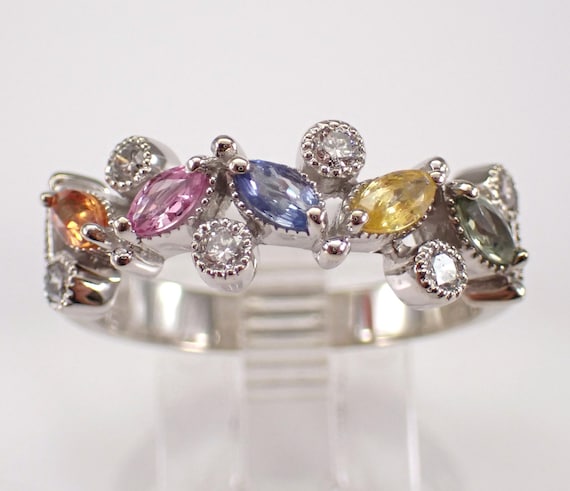 Multi Color Gemstone and Diamond Ring - 14K White Gold Stacking Band - Blue Pink Yellow Green Sapphire Jewelry