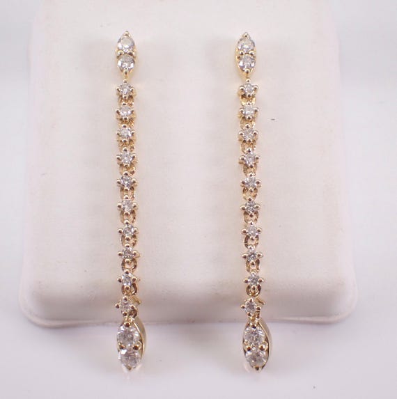 14K Yellow Gold Diamond Tennis Earrings - Bar Dangle Chandelier Setting - Unique Bridal Jewelry Gift