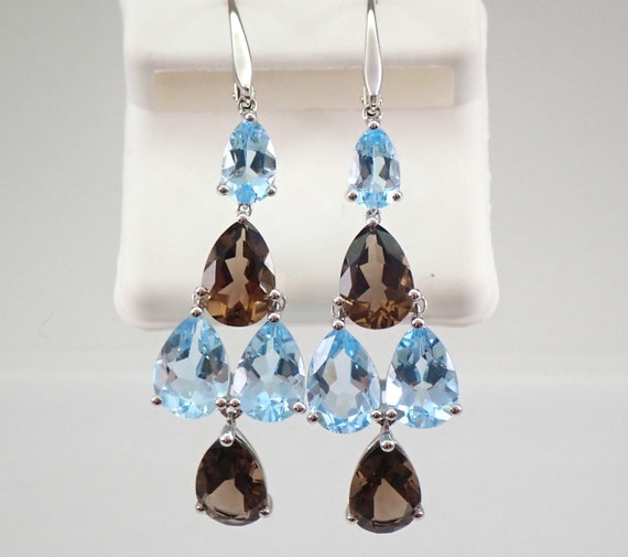 Blue Topaz and Smokey Quartz Earrings - 14K White Gold Chandelier Earrings - Gemstone Teardrop Crystal Dangle