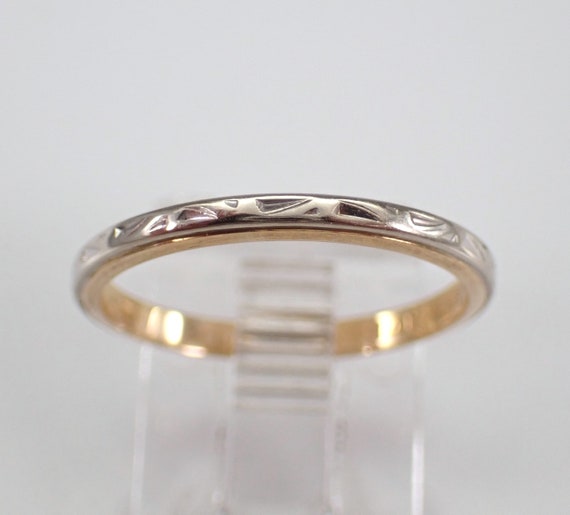 Antique 14k White and Yellow Gold Wedding Ring - Vintage Etched Stacking Anniversary Band - Estate Bridal Fine Jewelry Gift